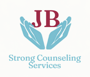 JB logo with blue hands cradling maroon letters, and “Strong Counseling Services” in blue text
