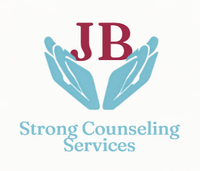 JB logo with blue hands cradling maroon letters, and &ldquo;Strong Counseling Services&rdquo; in blue text