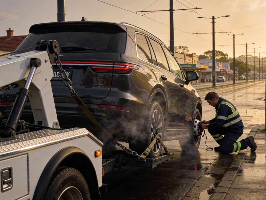 Tow truck operator kneels by a smoking black SUV on a roadside at sunset