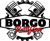 Logo per Borgo Rettifica, con pistoni, ingranaggi e testo in nero e rosso.