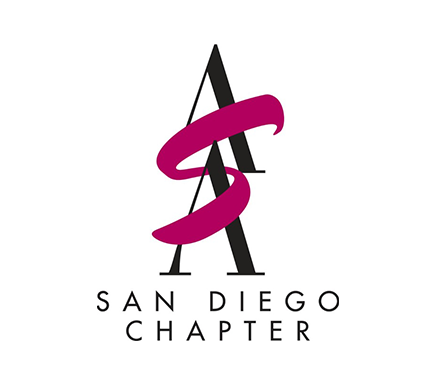 A logo for san diego chapter with a pink ribbon around the letter a