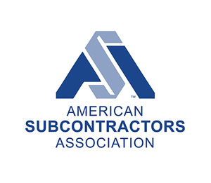The logo for the american subcontractors association is blue and white.