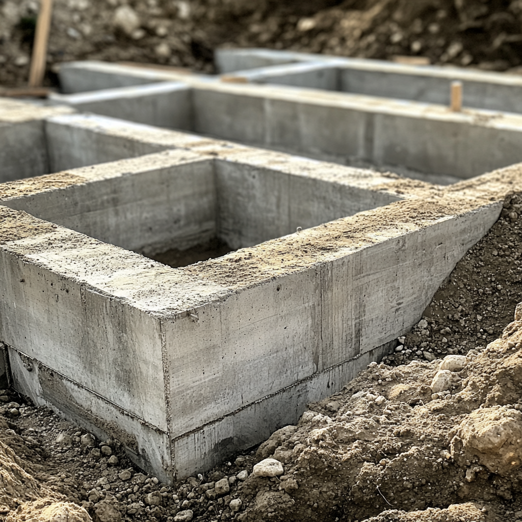 A concrete foundation is being built in the dirt.