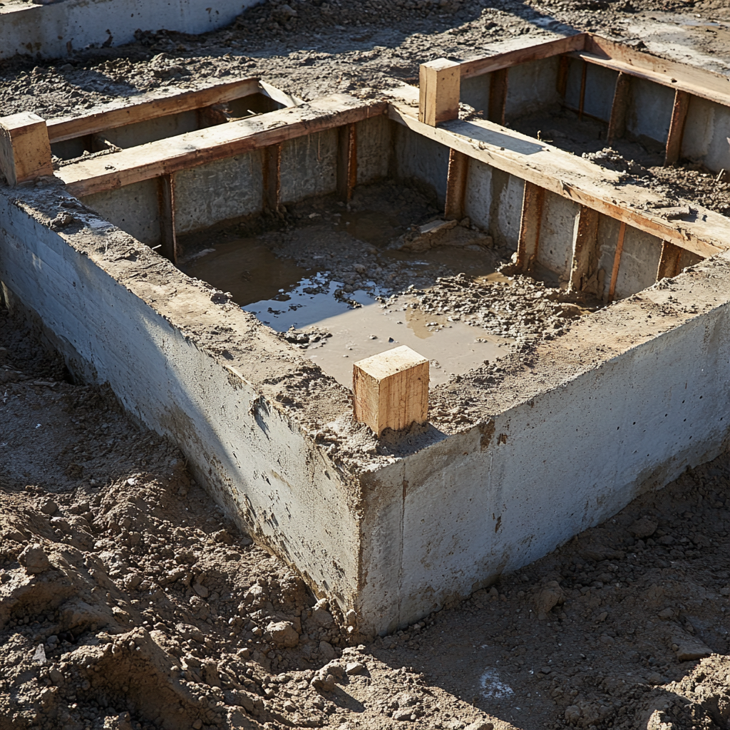 A concrete foundation is being built with wooden beams