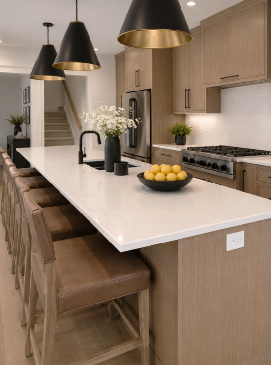 Modern kitchen with white island, black pendant lights, wood cabinets, and stools along the counter
