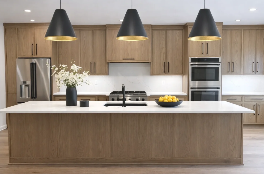 Modern kitchen with large island, wood cabinets, stainless appliances, and three black pendant lights