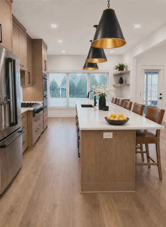 Modern kitchen with wood cabinets, white island, black pendant lights, and large windowed dining area