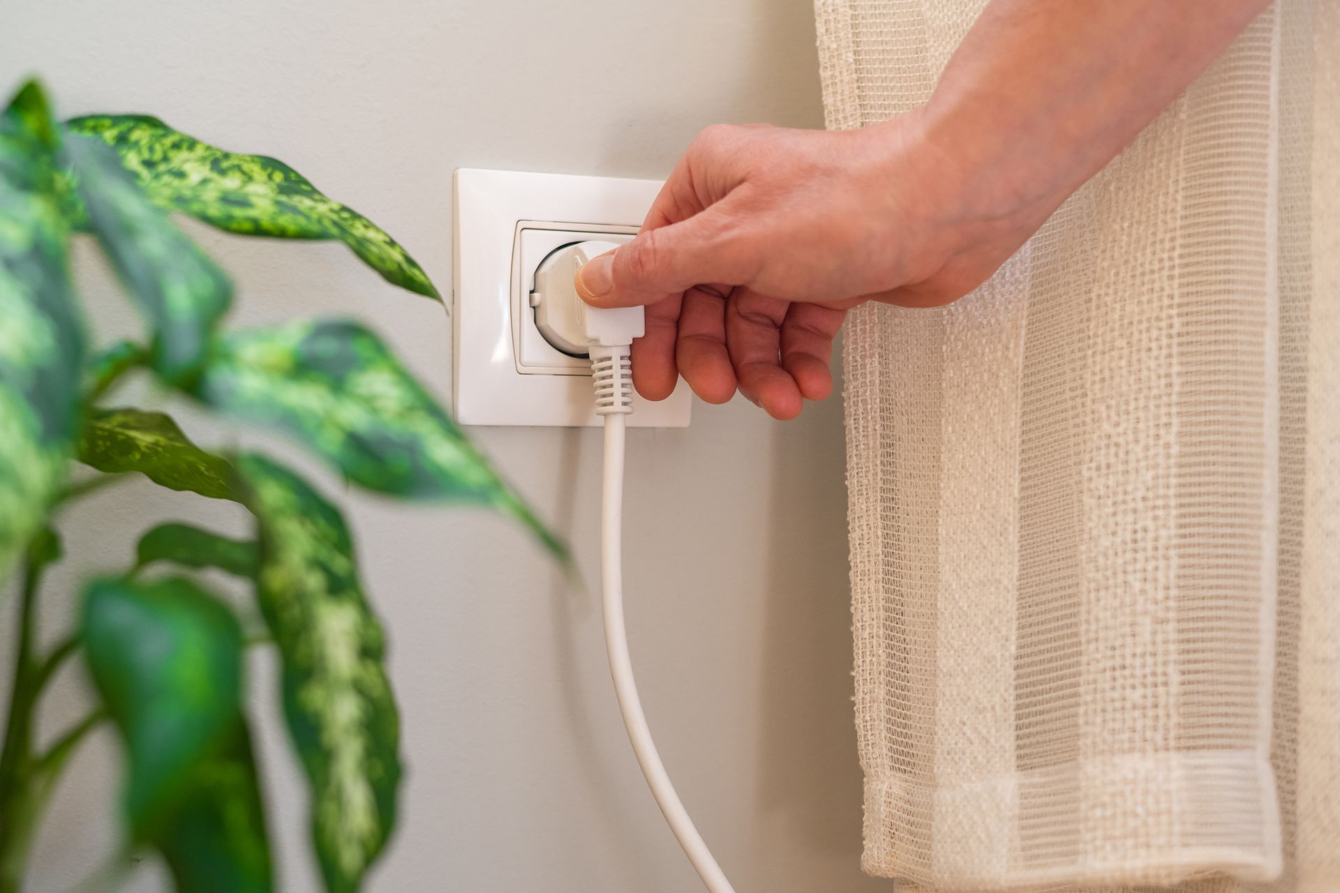 Hand plugging a white cord into a wall outlet beside a beige curtain and green plant Hand plugging a white cord into a wall outlet beside a beige curtain and green plant