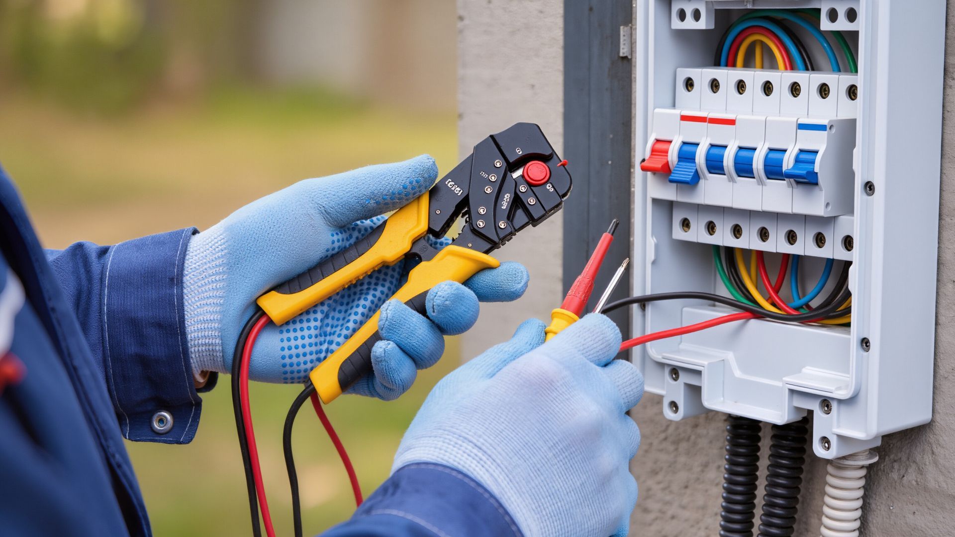 Gloved electrician testing a circuit breaker panel with a multimeter and probes Gloved electrician testing a circuit breaker panel with a multimeter and probes