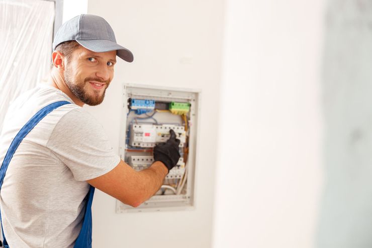 Electrician in blue overalls and cap working on an open electrical panel in a bright room Electrician in blue overalls and cap working on an open electrical panel in a bright room