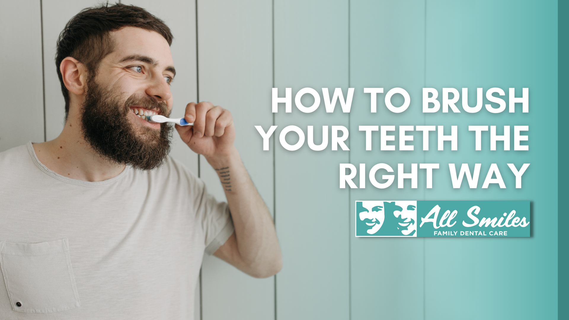 A man with a beard is brushing his teeth the right way.