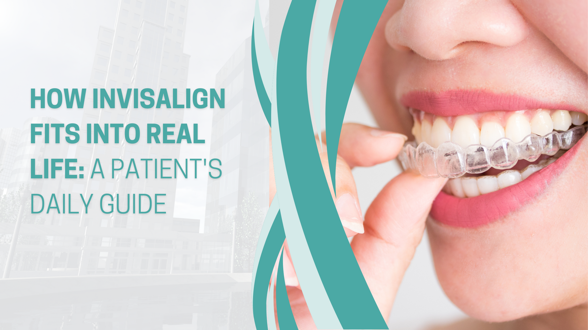 Woman inserting Invisalign aligner into mouth; dental health and patient guide.