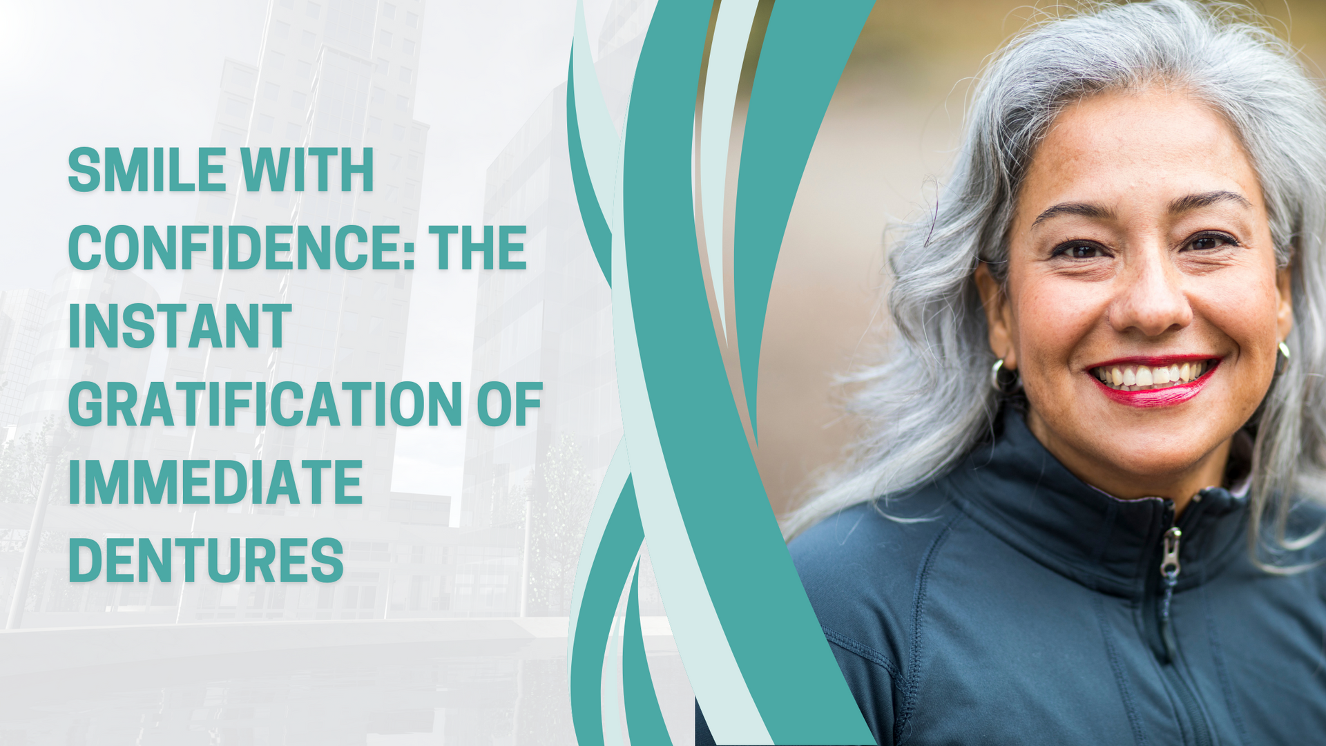 A woman with gray hair is smiling with confidence.