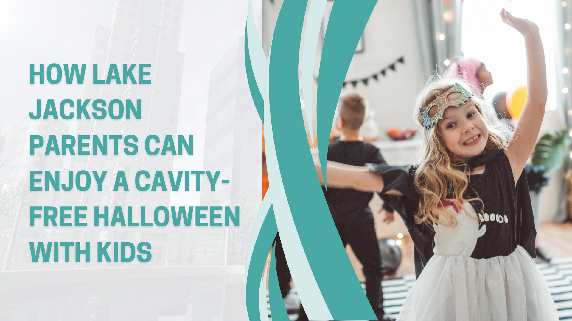 Girl in costume dances at a party with other kids. Headline: Cavity-free Halloween for Lake Jackson parents.