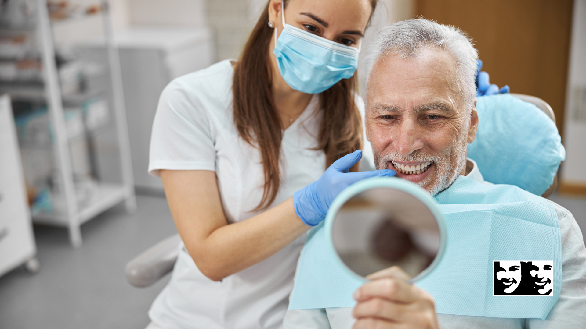 A dentist is looking at a patient 's teeth in a mirror.