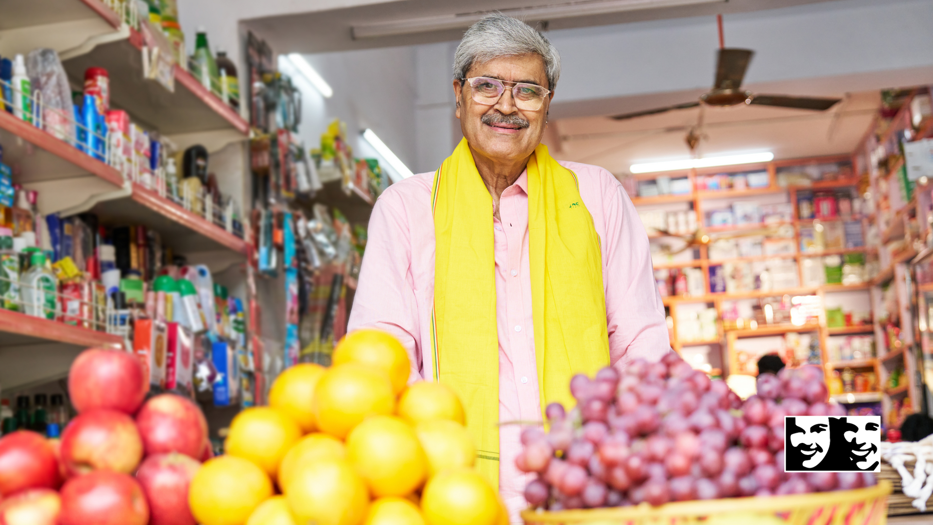 A man is standing in a grocery store holding a basket of fruit.