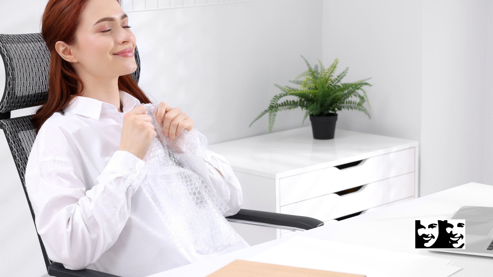 A woman is sitting in an office chair with her eyes closed.