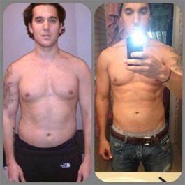 Man's weight loss transformation. Before: heavier physique. After: toned, shirtless, holding phone in front of a mirror.