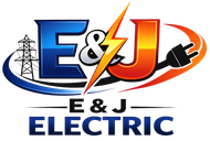 Logo for E&J Electric featuring the letters "E&J," a lightning bolt, a power transmission tower, and an electrical plug.
