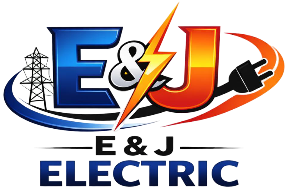 Logo for E&J Electric featuring the letters "E&J," a lightning bolt, a power transmission tower, and an electrical plug.