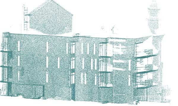 Une représentation en nuage de points de couleur sarcelle d'un bâtiment moderne avec des balcons et un petit bâtiment carré derrière.