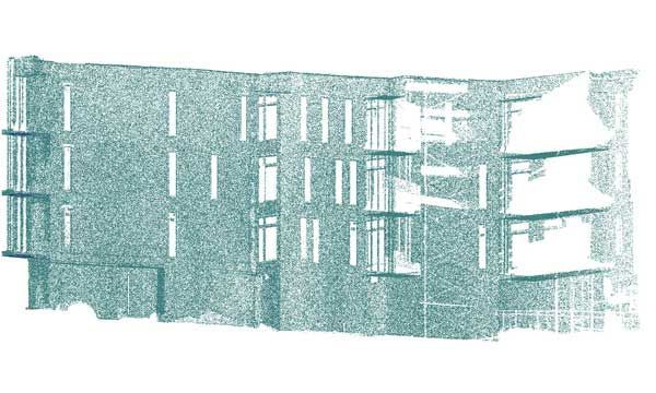 Nuage de points d'un immeuble à plusieurs étages avec fenêtres et balcons. Points turquoise sur fond blanc.