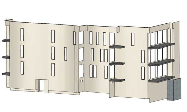 Façade de bâtiment avec fenêtres rectangulaires et verticales, béton et étagères.