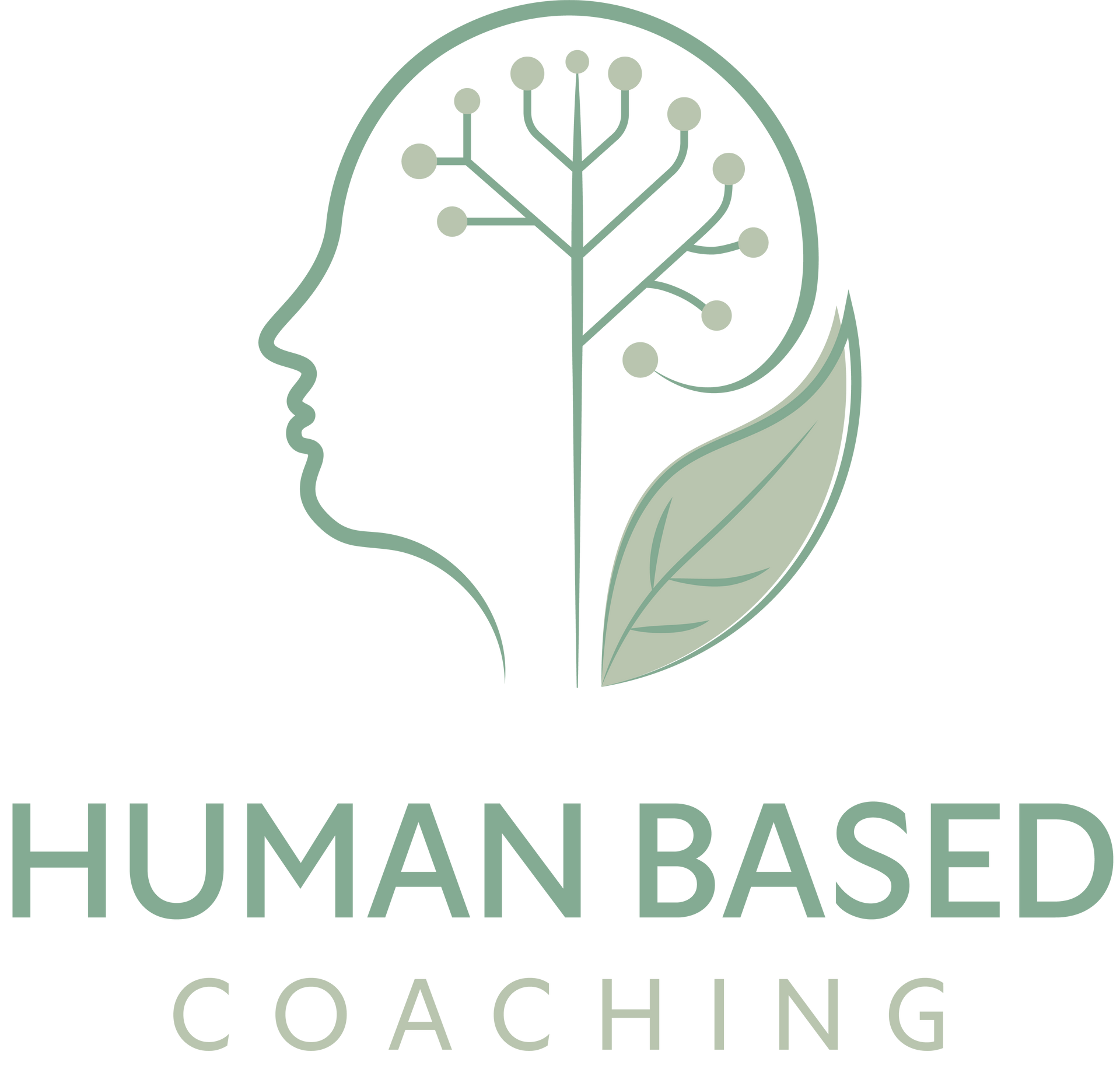 A logo for human based coaching with a brain and a leaf.