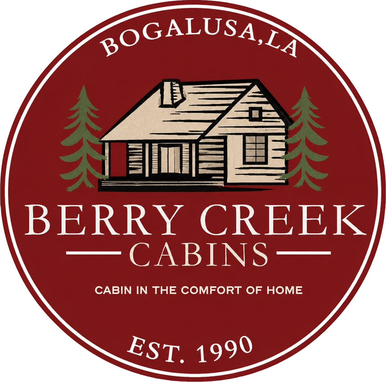 Berry Creek Cabins circular red logo with cabin illustration, pine trees, and &ldquo;Bogalusa, LA&rdquo; and &ldquo;Est. 1990&rdquo; text