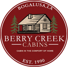 Berry Creek Cabins circular red logo with cabin illustration, pine trees, and “Bogalusa, LA” and “Est. 1990” text