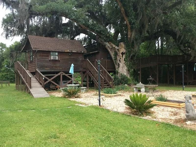 Wooden cabin on stilts in a grassy yard with stairs, large trees, and a gravel patio.