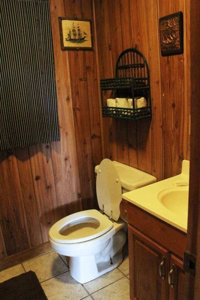 Small bathroom with wood-paneled walls, toilet, and vanity sink.