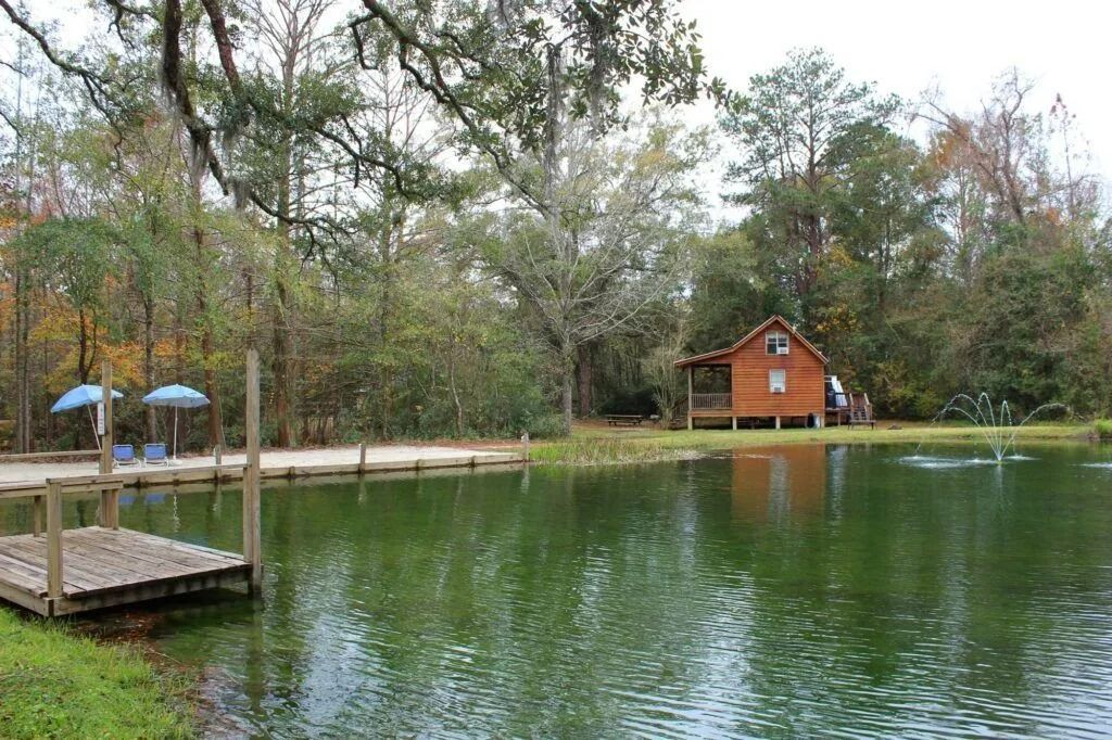 A small wooden cabin by a pond with trees, a dock, and blue umbrellas on a cloudy day