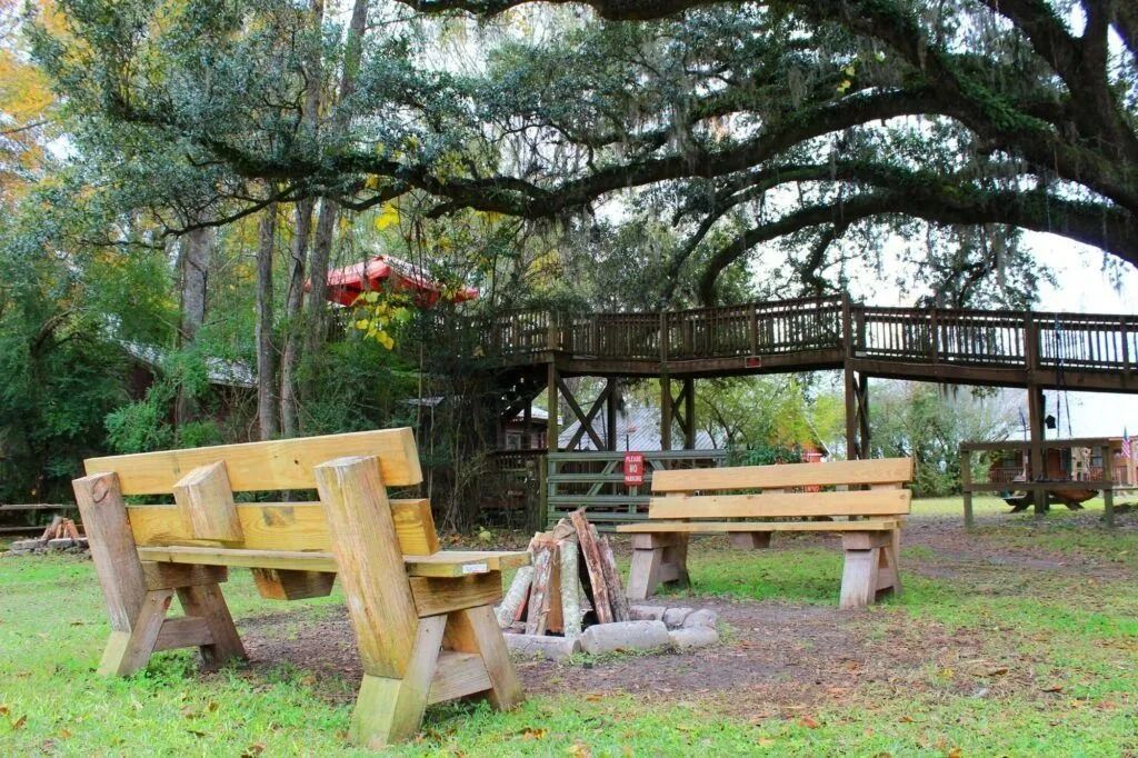 Wooden benches around a fire pit beneath large trees in a grassy park