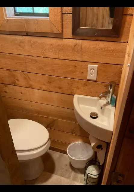 Small rustic bathroom with toilet, corner sink, and wood-paneled walls.