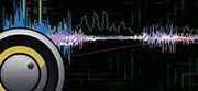 Abstract audio-themed graphic with a speaker icon and colorful sound waves on a black background