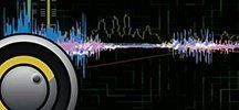 Abstract audio-themed graphic with a speaker icon and colorful sound waves on a black background