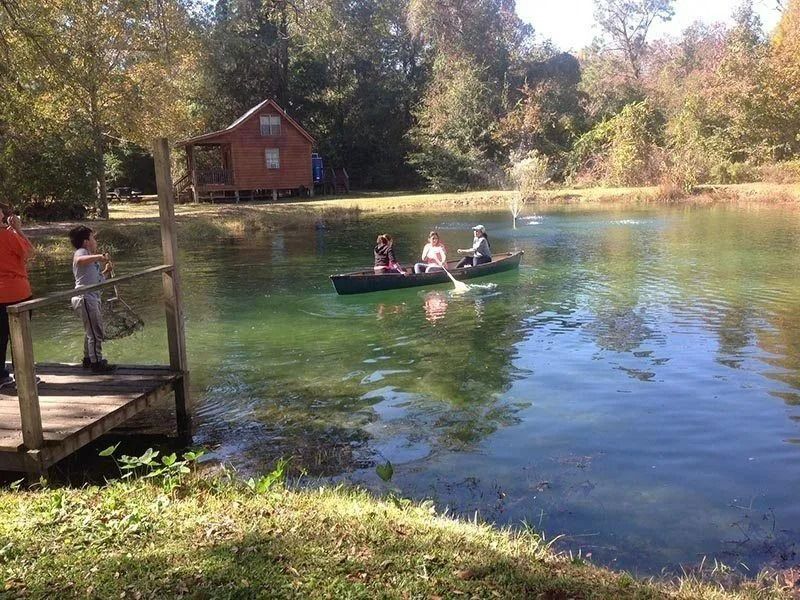 People canoeing on a calm pond near a wooden cabin and autumn trees
