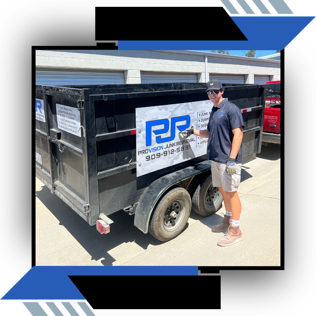 A man is standing next to a dumpster that says rf on it.