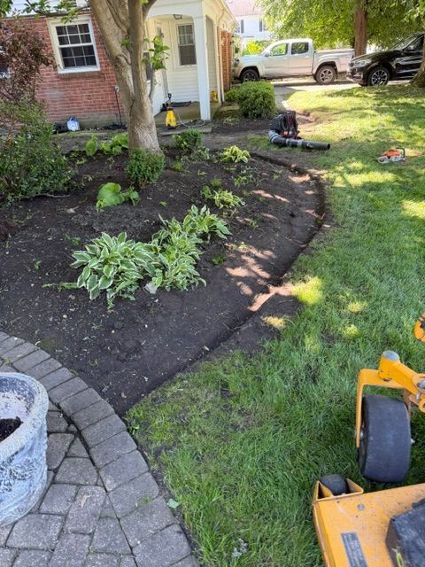 Front yard garden bed with mulch, hostas, and a tree beside a brick house, with lawn and patio pavers.