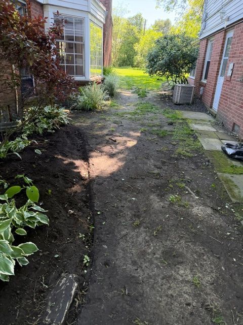 Narrow dirt path between a house and brick wall, lined with plants and leading to a sunny yard.