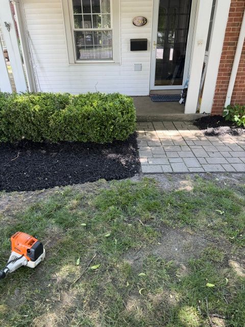 Front yard with hedge, paver walkway to a house door, and a leaf blower on the grass.