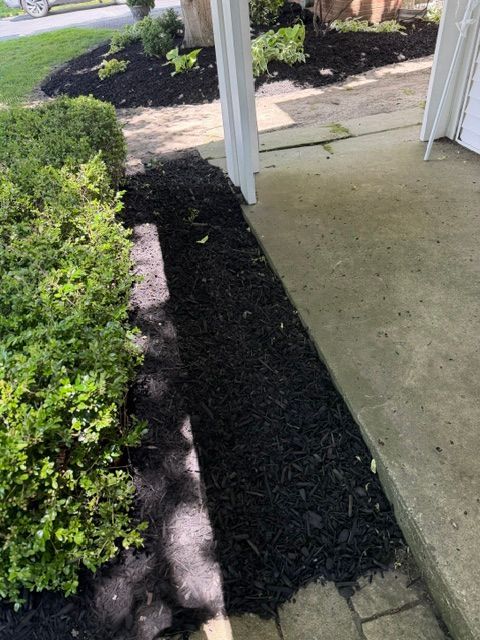 Concrete walkway beside a porch with a narrow black mulch bed and green shrubbery along the edge