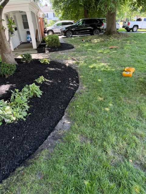 Front yard with black mulch border, green lawn, shrubs, and parked vehicles under trees.