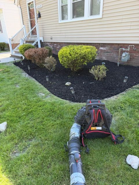 Lawn aerator on grass with hose leading to a house foundation planting bed.