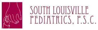 Logo of South Louisville Pediatrics, P.S.C. featuring a maroon square with a hand holding a child's hand. Text is maroon.