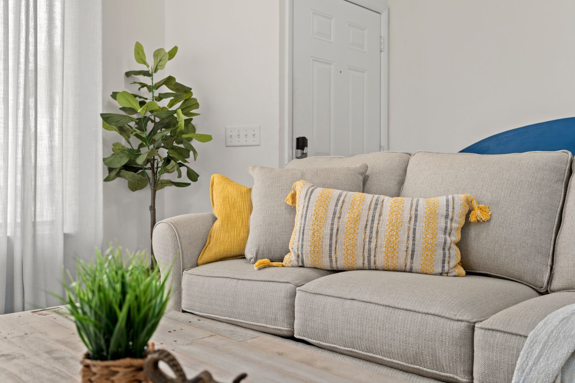 Bright living room with a beige sofa, yellow pillows, a striped cushion, and a potted plant by the window.