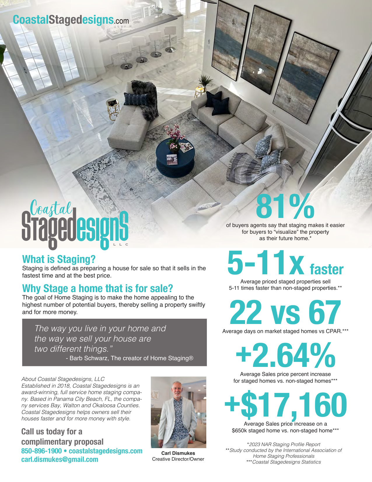 Infographic of a bright living room redesign showing 81% and 5–11x faster home staging results