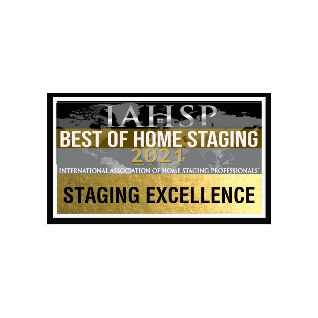 MAHSP Best of Home Staging 2021 award plaque with black, gold, and white text: Staging Excellence