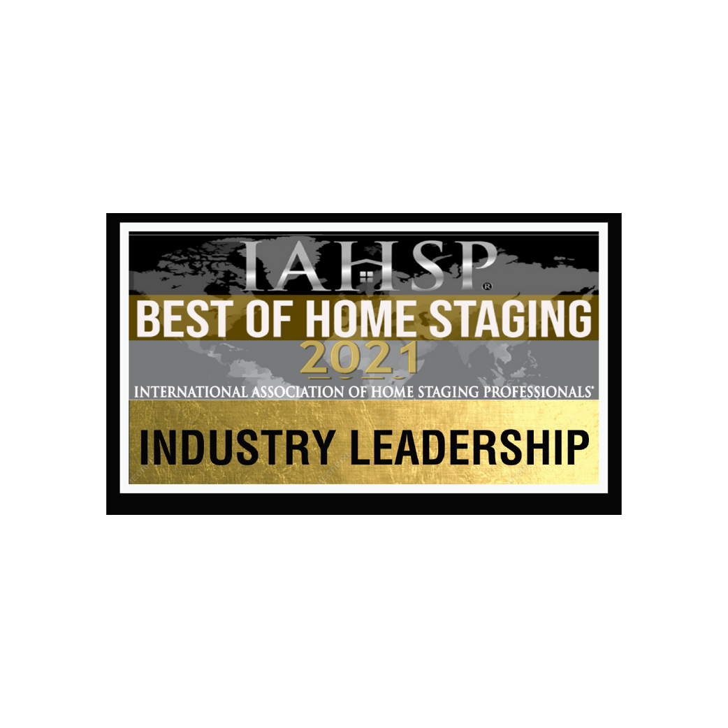 Award plaque reading “MAHBP Best of Home Staging 2021” and “Industry Leadership” in black, gold, and white